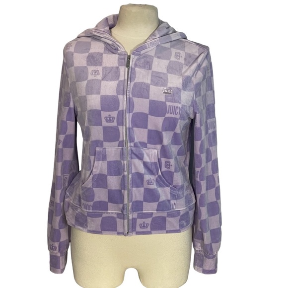Juicy Couture Jackets & Blazers - Juicy Couture Y2K Purple Squares Logo Velour Hooded Zip Hoodie Jacket Sz M